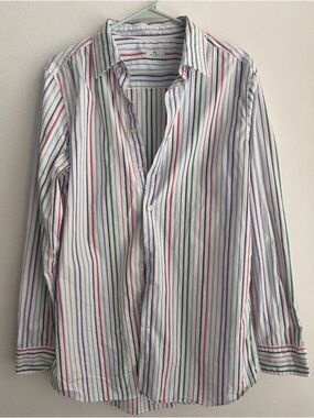 Men's Multi-Stripe Button-Up Shirt - White with Red, Green & Blue Stripes